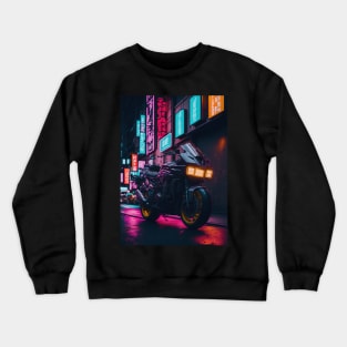 Neon Speedster: Motorcycle Majesty in a Japanese Metropolis Crewneck Sweatshirt